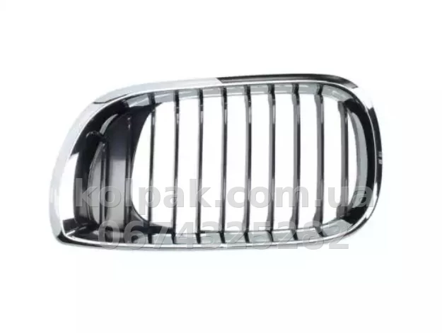 Решітка радіатора BMW 3-Series E46 2001-2005, у капоті, ліва хромована, ребра чорні, ABS-пластик, AVTM, 181401993 Решітка радіатора BMW 3-Series E46 2001-2005, у капоті, ліва хромована, ребра чорні, ABS-пластик, AVTM, 181401993 — фото 1