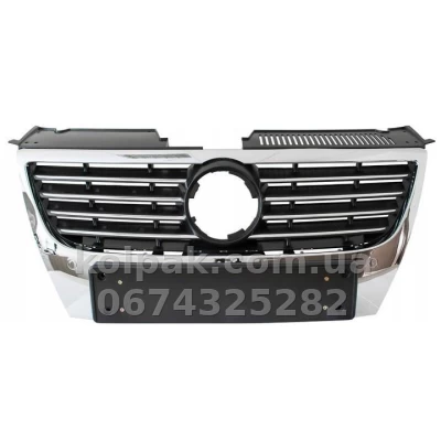 Решітка радіатора Volkswagen Passat B6 2005-2010, хромована, з отвором для датчика паркування, AVTM, 187407981 Решітка радіатора Volkswagen Passat B6 2005-2010, хромована, з отвором для датчика паркування, AVTM, 187407981