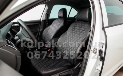 Чохли на сидіння Skoda Kodiaq 2016- Active (без підлокітника), екошкіра, ромб, чорні Seintex 90964 — фото 5