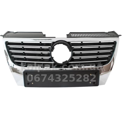 Решітка радіатора Volkswagen Passat B6 2005-2010, хромована, без отвору для датчика паркування, AVTM, 187407990 Решітка радіатора Volkswagen Passat B6 2005-2010, хромована, без отвору для датчика паркування, AVTM, 187407990