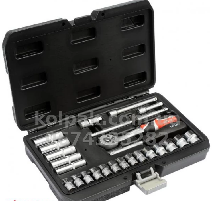 Socket set 1/4 25 pcs (short sockets: 3,5-14 mm, long: 8-13 mm, extension bars 50 and 100 mm) Yato YT-14461 Socket set 1/4 25 pcs (short sockets: 3,5-14 mm, long: 8-13 mm, extension bars 50 and 100 mm) Yato YT-14461 β photo 1