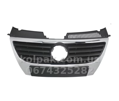 Решітка радіатора Volkswagen Passat B6 2005-2010, чорна рамка, хромовані ребра, без отвору для датчика паркування, AVTM, 187407999 Решітка радіатора Volkswagen Passat B6 2005-2010, чорна рамка, хромовані ребра, без отвору для датчика паркування, AVTM, 187407999