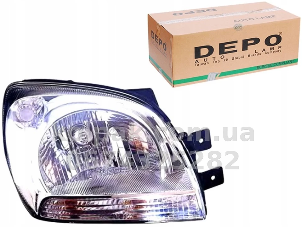 Front right headlight Kia Sportage (JE) 2004-2008, electric/manual adjustment, without bulbs (H4/PY21W*2/W5W), chrome, Depo, 2231120RLDEM Front right headlight Kia Sportage (JE) 2004-2008, electric/manual adjustment, without bulbs (H4/PY21W*2/W5W), chrome, Depo, 2231120RLDEM β photo 1